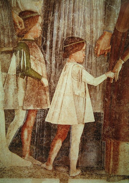 Ankomsten til kardinal Francesco Gonzaga, møtt av faren Marchese Ludovico Gonzaga III og hans brødre, detalj om Gonzague-barna, ca. 1465-74 (detalj av 78454) av Andrea Mantegna