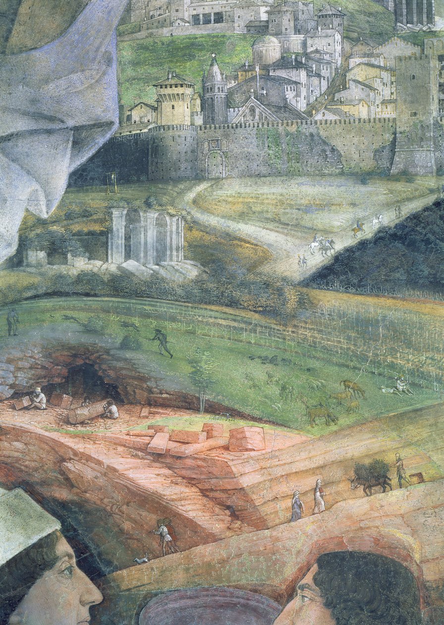 Ankomsten til kardinal Francesco Gonzaga; marmorbrudd og en idealisert utsikt over Roma, fra Camera degli Sposi eller Camera Picta, 1465-74 freskomaleri fra 78449 av Andrea Mantegna