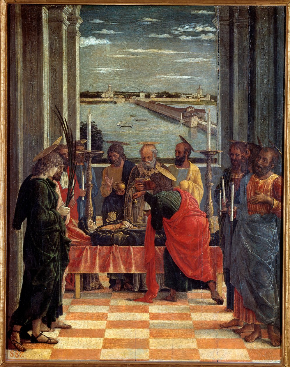 The Death of the Virgin Maleri av Andrea Mantegna (1431-1506) 1461 Søn. 0,54x0,42 m Madrid, Prado-museet - Jomfruens død. Maleri av Andrea Mantegna (1431-1506) av Andrea Mantegna