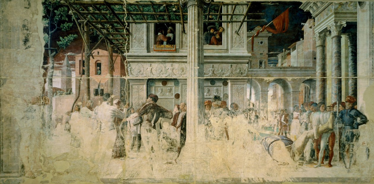 Martyrdommen og transporten av den avhuggede kroppen til Saint Christopher, ca. 1448-57 av Andrea Mantegna
