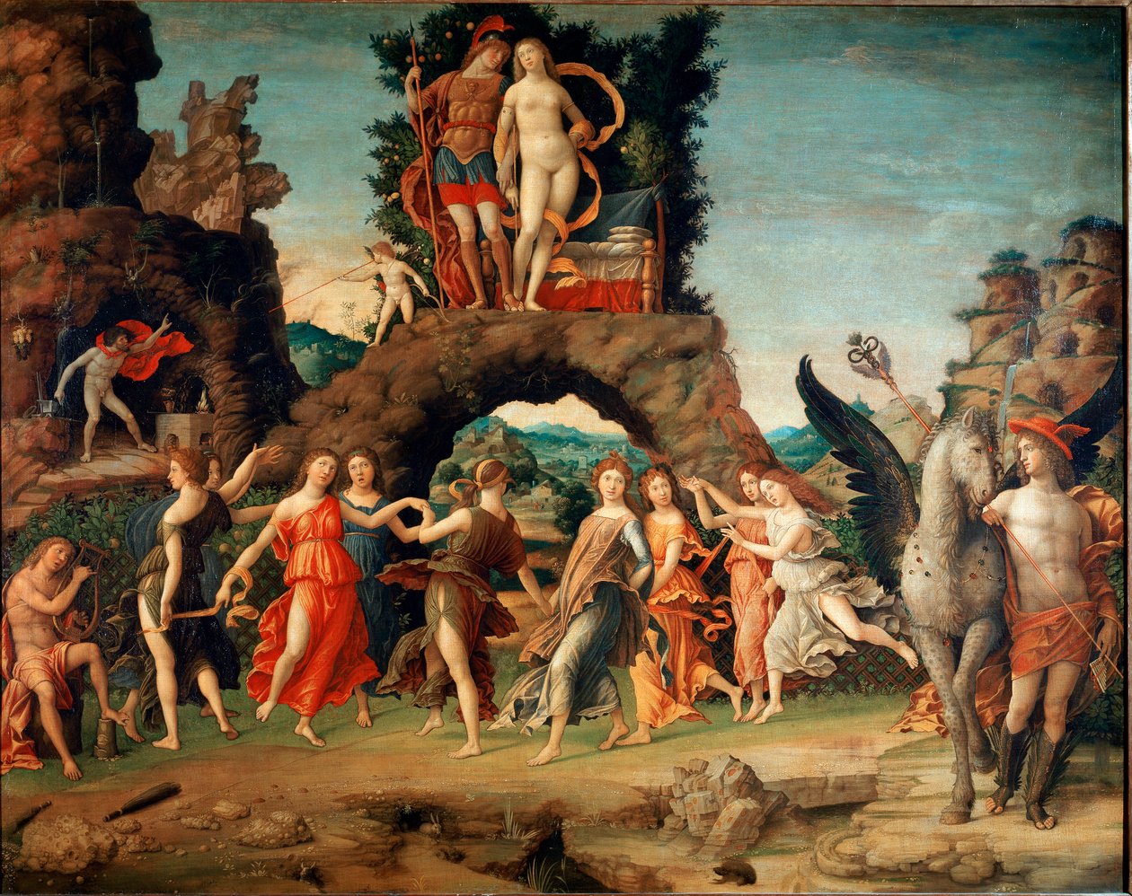Parnassus (Apollo og nimusene) (tempera og gull på lerret av Andrea Mantegna