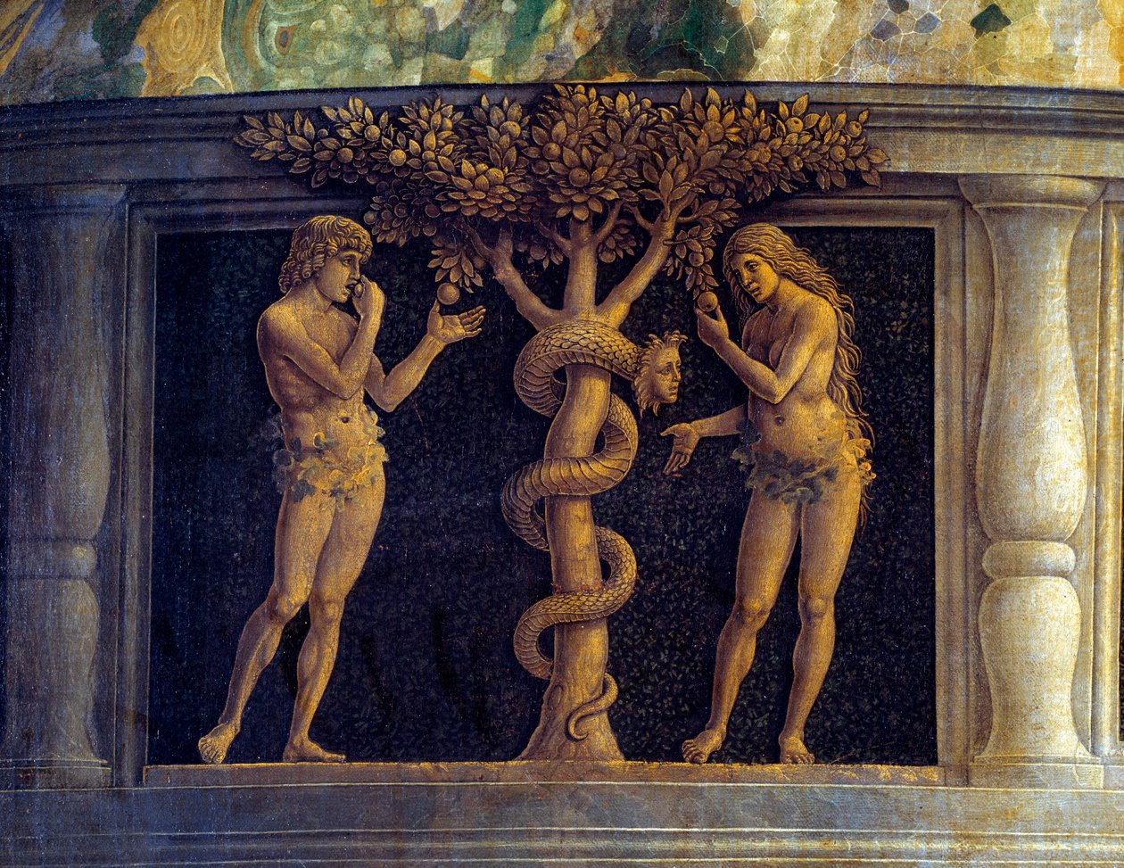 Jomfruen og barnet omgitt av seks hellige og tilbedt av markisen av Mantua, Francois II de Gonzaga (Francesco II Gonzaga) (1466-1519) kjent som Seierens jomfru"" (Pala della Vittoria) (Madonna della Vittoria)" Detalj som representerer temptaen av Andrea Mantegna
