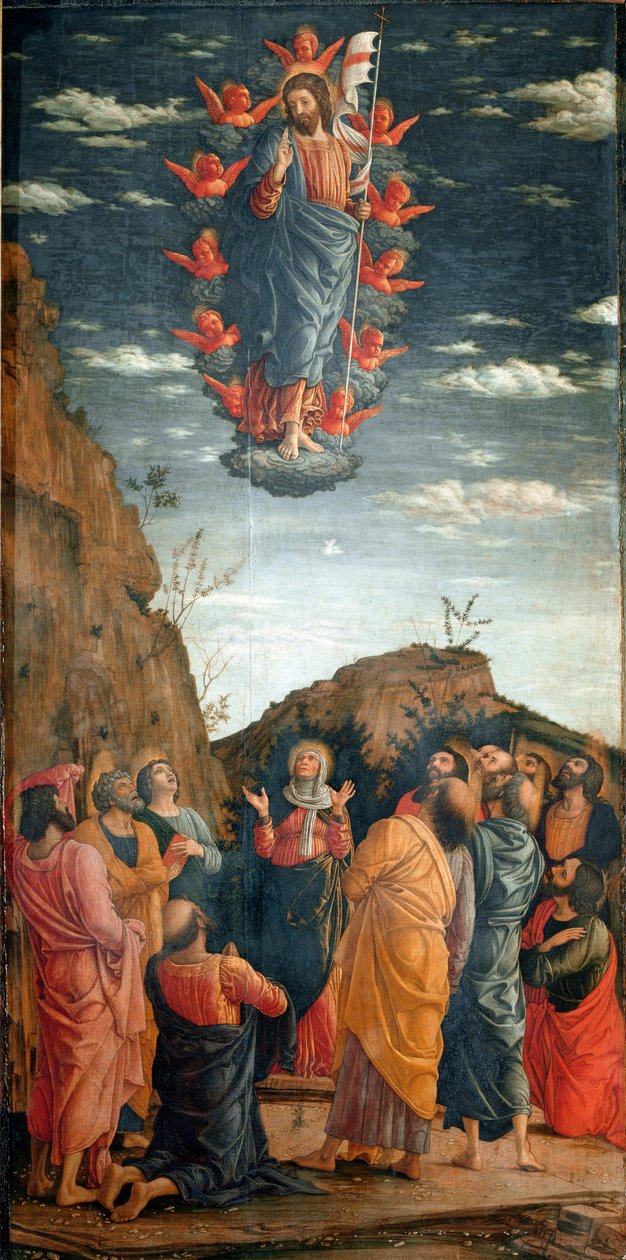 Oppstigningen. Maleri av Andrea Mantegna (1431-1506) av 1460. 86x42,5 cm. Firenze, Galleria degli Uffizi. - Kristi himmelfart, av Andrea Mantegna (1431-1506). Tempera på tre, 86x42,5 cm av Andrea Mantegna