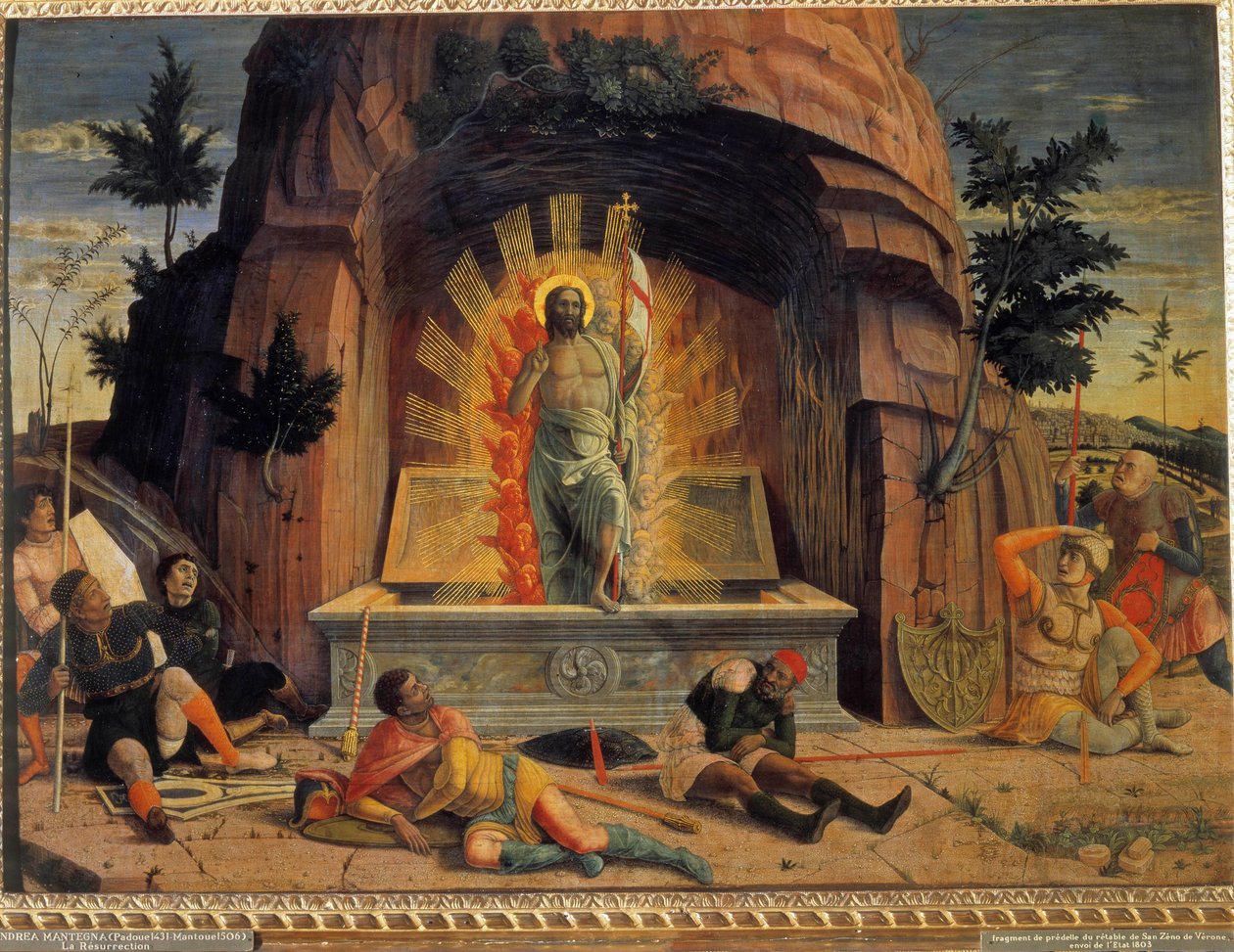 Oppstandelsen Fragment av predellen til altertavlen til kirken San Zeno i Verona av Andrea Mantegna (1431-1506). 1457. Dim 0,71 x 0,94 m. Omvisninger i kunstmuseet av Andrea Mantegna