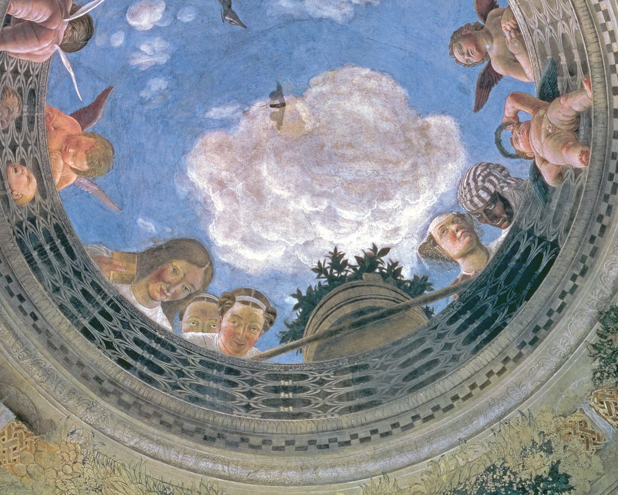 Trompe loeil oculus i midten av det hvelvede taket til Camera degli Sposi eller Camera Picta, 1465-74 freskomaleri av 72245 av Andrea Mantegna