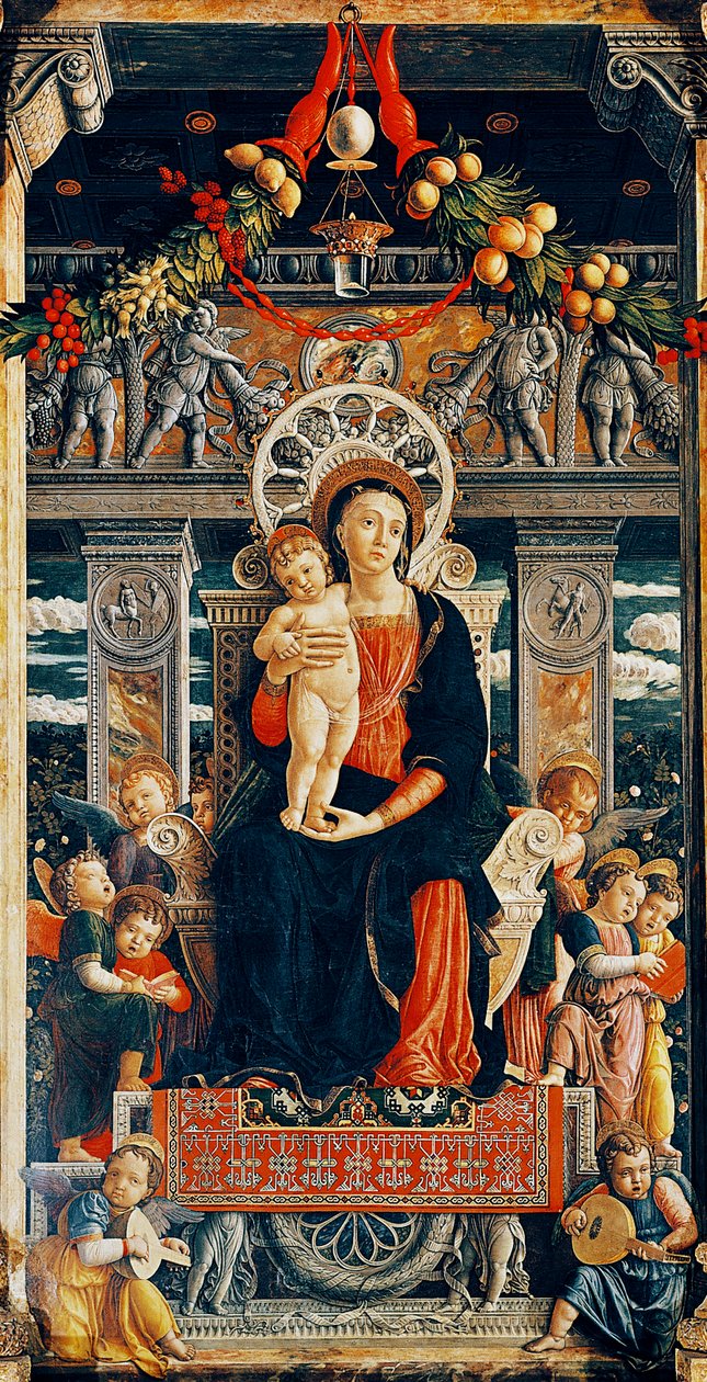 Jomfru tronet, detalj fra den sentrale delen av San Zeno-altertavlen av Andrea Mantegna (1431-1506), tre, 220x115 cm, Basilica of San Zeno, Verona av Andrea Mantegna