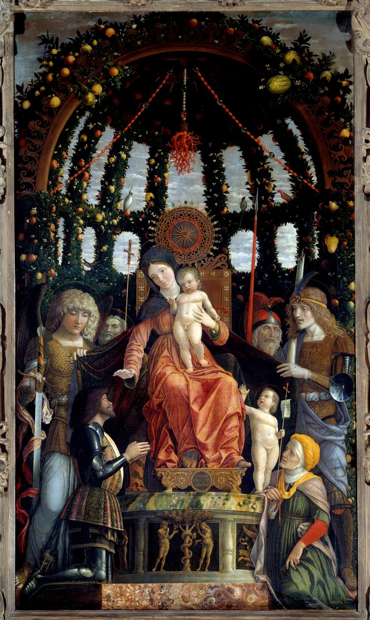 Virgin of Victory (Madonna of Victory). Jomfru Maria er representert: St. Michael, St. George, St. Longin og St. Andrew. Beskytteren for maleriet, Markisen av Mantua, Francois II de Gonzague (Francis II Gonzaga) av Andrea Mantegna