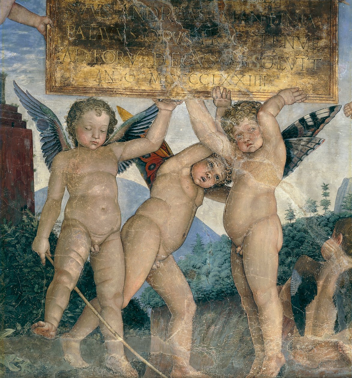 Bevingede kjeruber som holder dedikasjonsplaten, detalj fra møteveggen av Andrea Mantegna