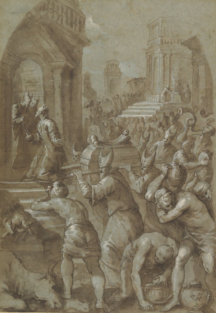Kong Salomo ser paktens ark bli brakt til tempelet, 1604. av Andrea Michieli