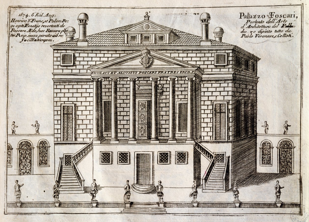 Hovedfasaden til Villa Foscari kjent som La Malcontenta, Mira, designet av Andrea Palladio (1508-1580), gravering fra Along Brenta Canal, nesten bydel i byen Venezia, av Vincenzo Coronelli (1650-1718), Venezia av Andrea Palladio