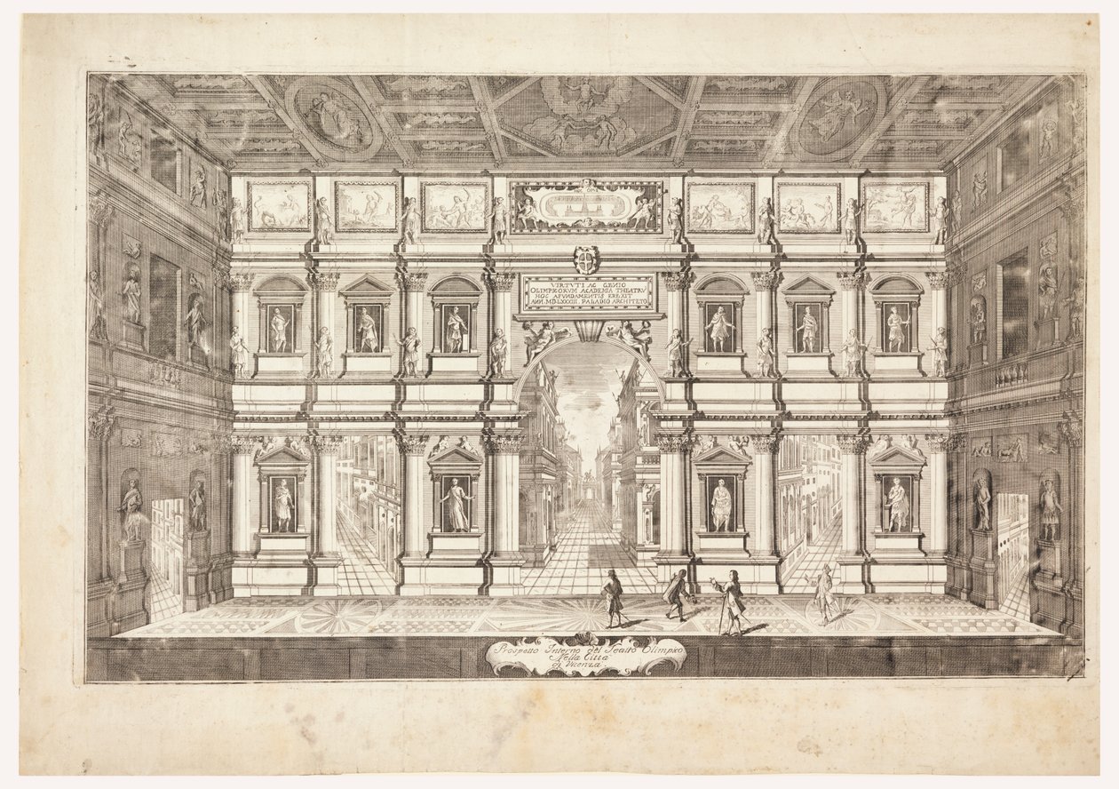 Interiørprospekt for Teatro Olimpico i byen Vicenza (Utsikt over scenen til Teatro Olimpico på Vicenza) av Andrea Palladio