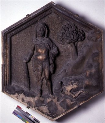 Kain og Abel, sekskantet dekorativ relieffflis fra en serie som illustrerer episoder fra Genesis, muligens basert på design av Giotto (ca. 1266-1337) ca. 1334-48 (marmor) av Andrea Pisano