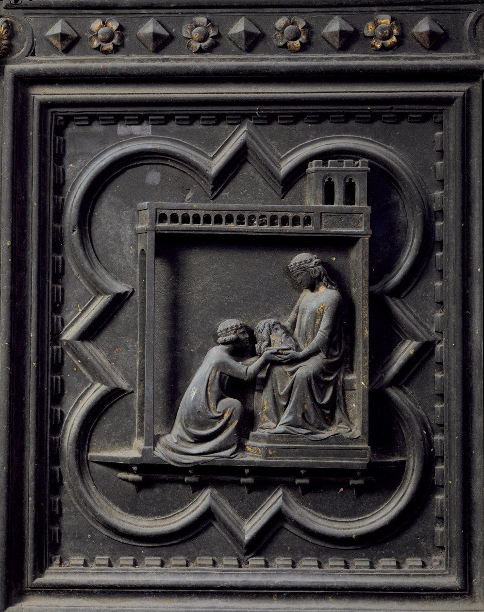 Salome tar hodet til døperen Johannes til sin mor Herodias, Herodes kone, attende panel av sørdørene til døperen San Giovanni, 1336 (bronse) av Andrea Pisano