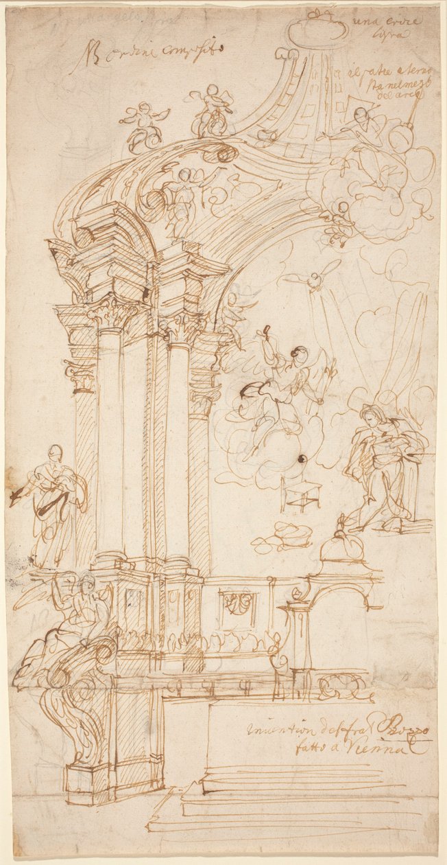 En baldakin med et maleri av bebudelsen, ca. 1708 eller senere (penn- og blekktegning) av Andrea Pozzo