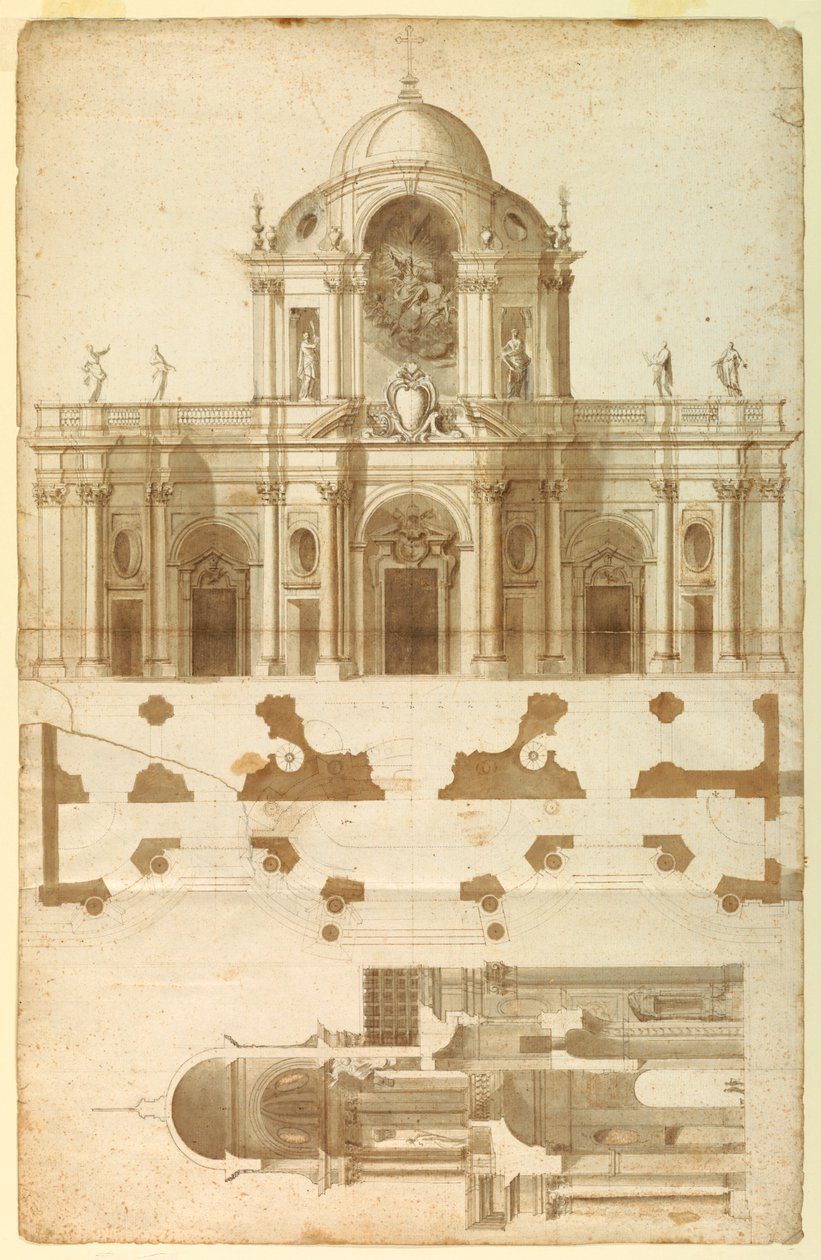Foreslått høyde, snitt og plan for fasaden til San Giovanni, Laterano, Roma, Italia av Andrea Pozzo