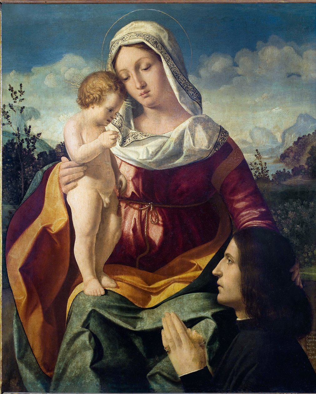 Jomfruen og barnet, med en giver - Maleri av Andrea Previtali (cirka 1480-1528), olje på lerret av Andrea Previtali