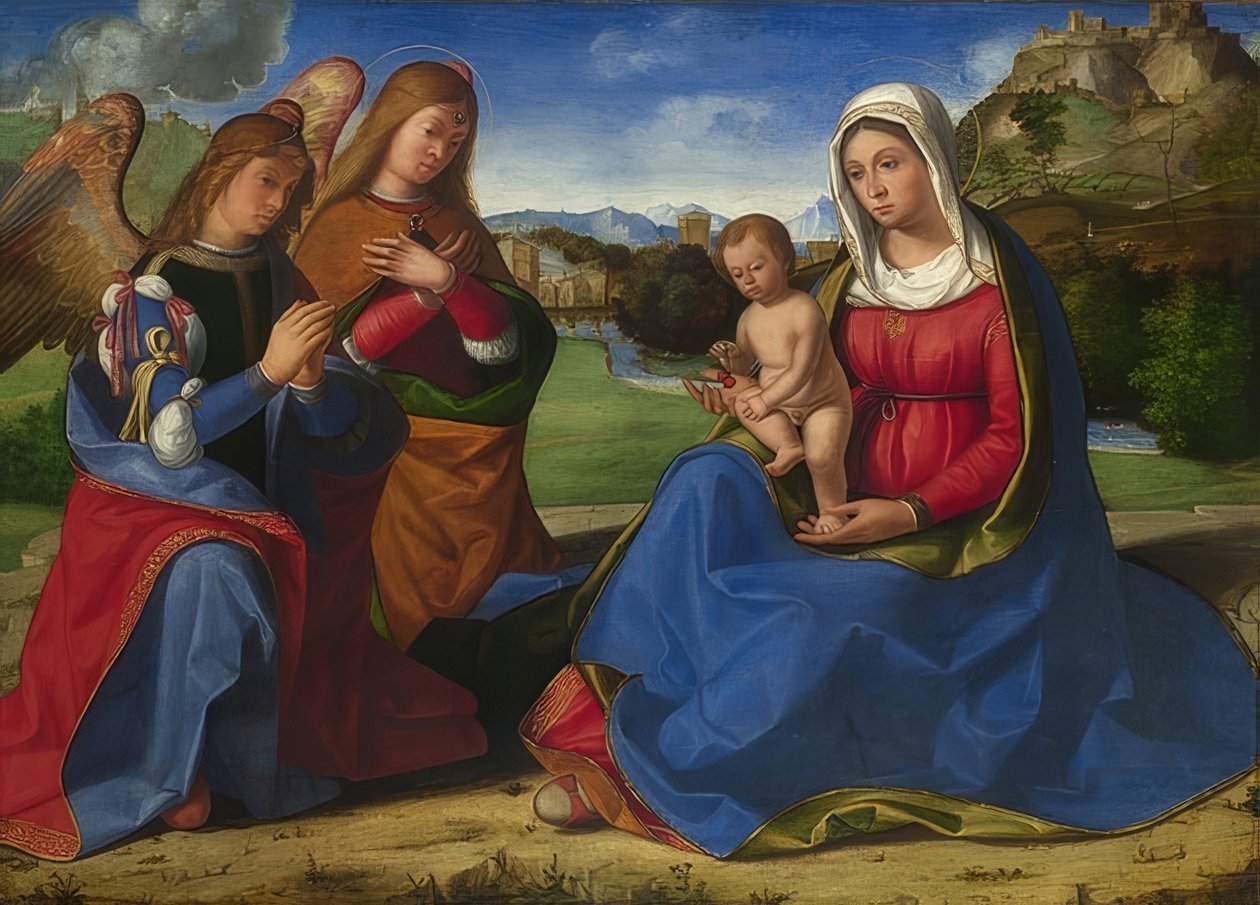 Madonna og barn elsket av to engler. Rundt 1505 av Andrea Previtali