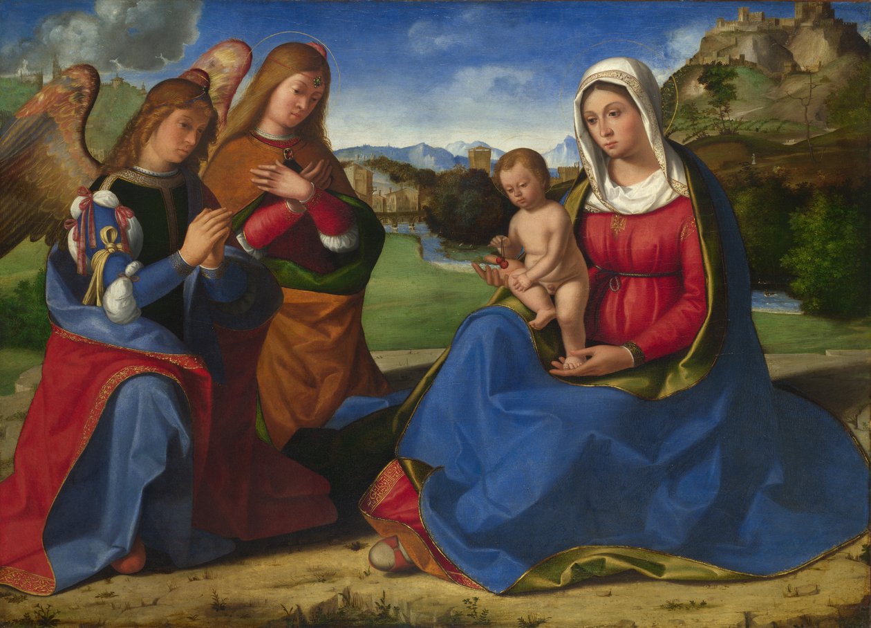 Jomfruen og barnet elsket av to engler, ca. 1505 av Andrea Previtali