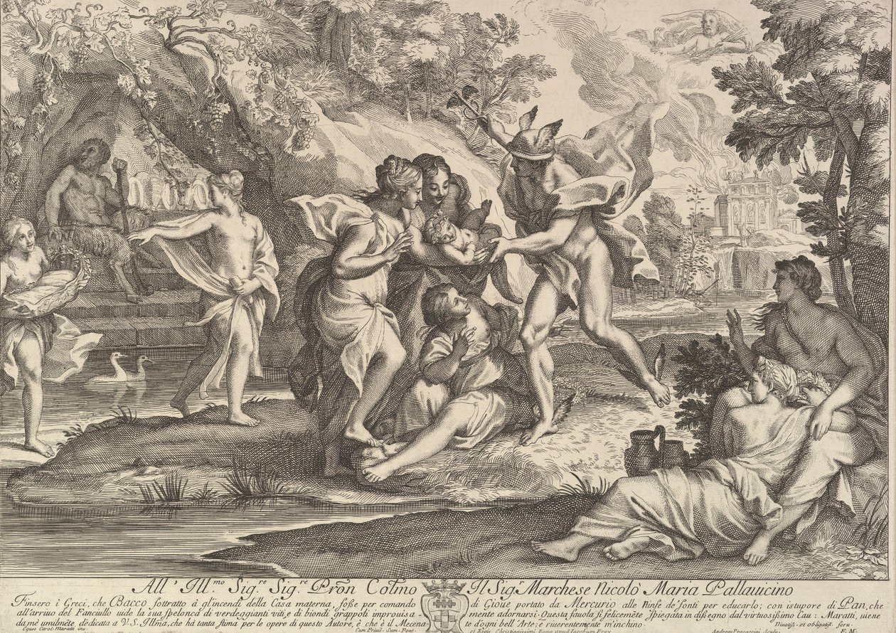 Bacchus som barn gitt av Mercury til omsorgen for nymfene. av Andrea Procaccini
