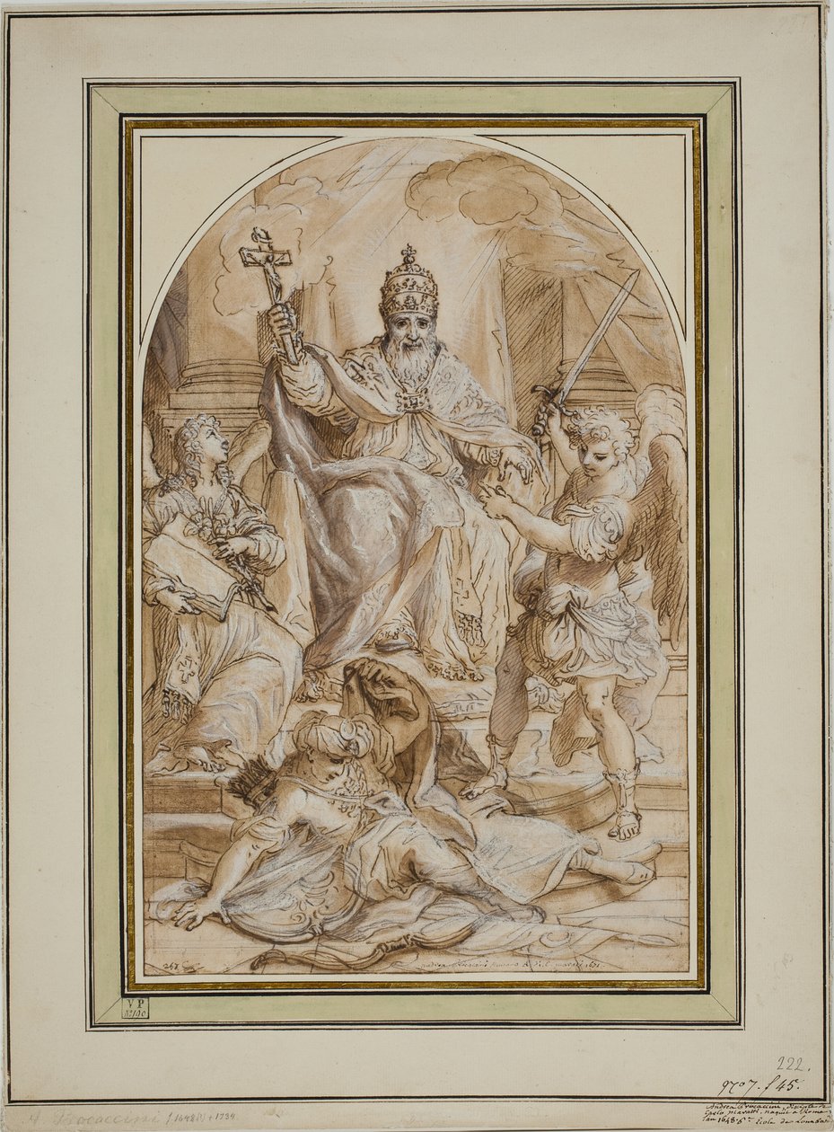 En pave tronet og flankert av en engel med en bok og St. Mikael som dreper en tyrker av Andrea Proccaccini