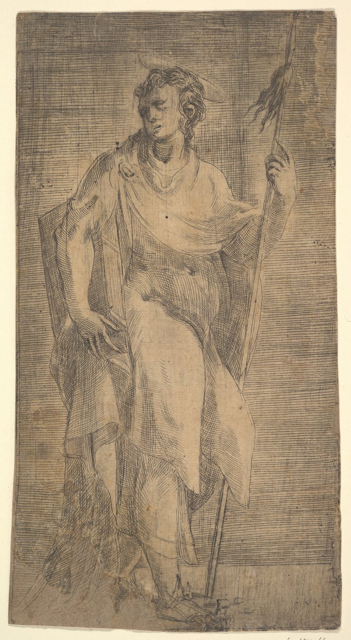 En helgen, muligens Matthew, holder en stav og en bok, ca. 1540-50. av Andrea Schiavone