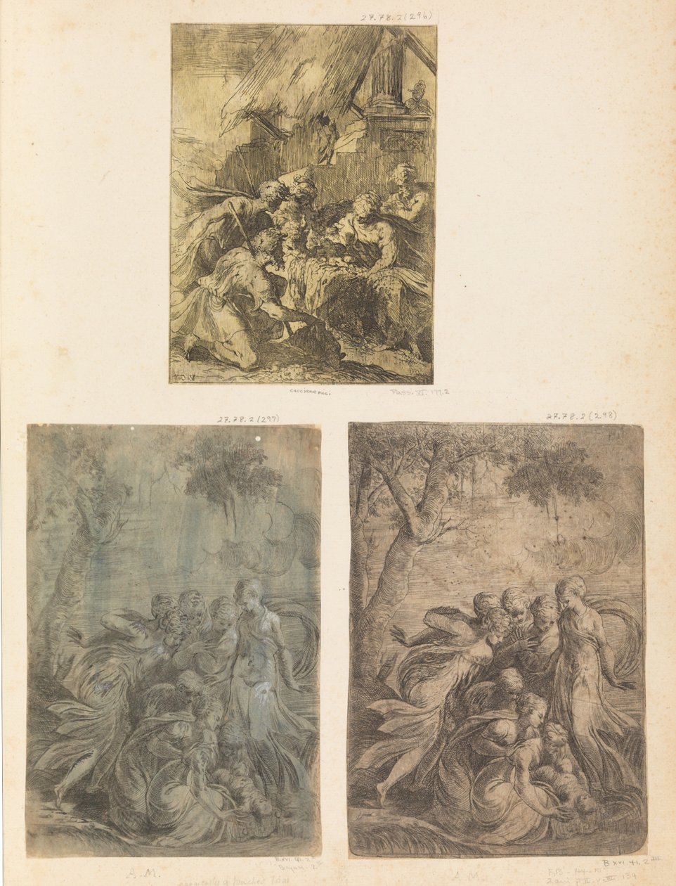 Tilbedelse av hyrdene, Moses reddet fra Nilen, ca. 1540-44. av Andrea Schiavone