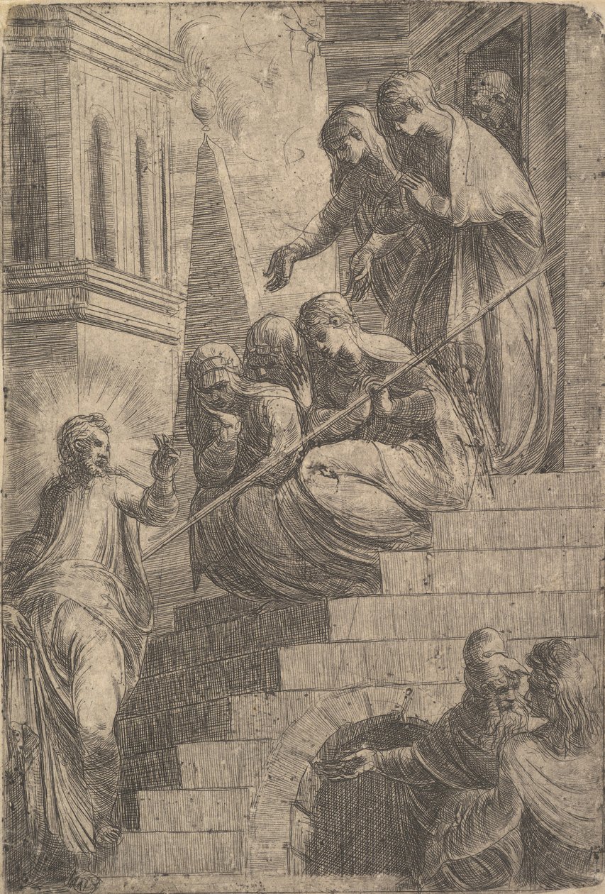 Kristus henvendte seg til en gruppe kvinner som sitter og står på trapper, ca. 1541-44. av Andrea Schiavone
