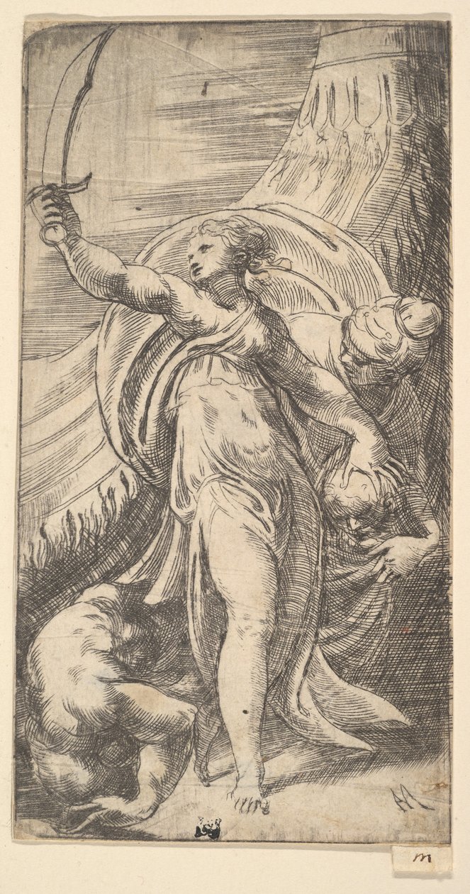 Judith løftet sverdet i høyre hånd, og plasserte hodet til Holofernes i sa..., ca. 1542-45. av Andrea Schiavone