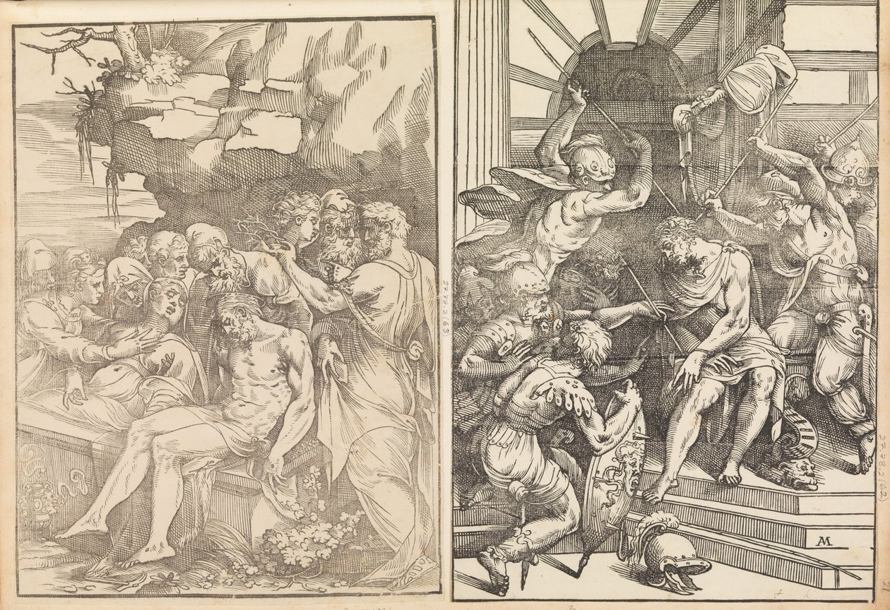 Klagesang over den døde Kristus, Kristus blir angrepet av soldater, ca. 1556-57. av Andrea Schiavone