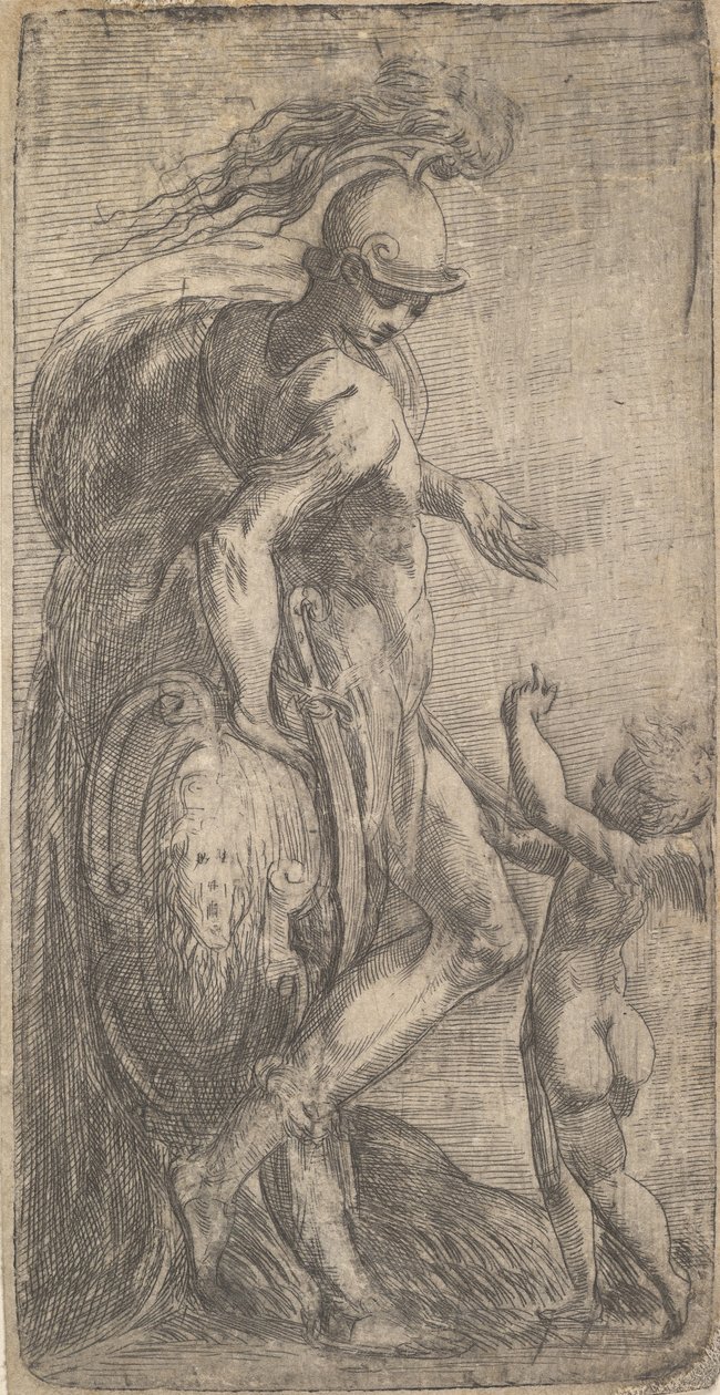 Mars står til venstre og lener seg på et skjold, Amor til høyre, ca. 1542-46. av Andrea Schiavone