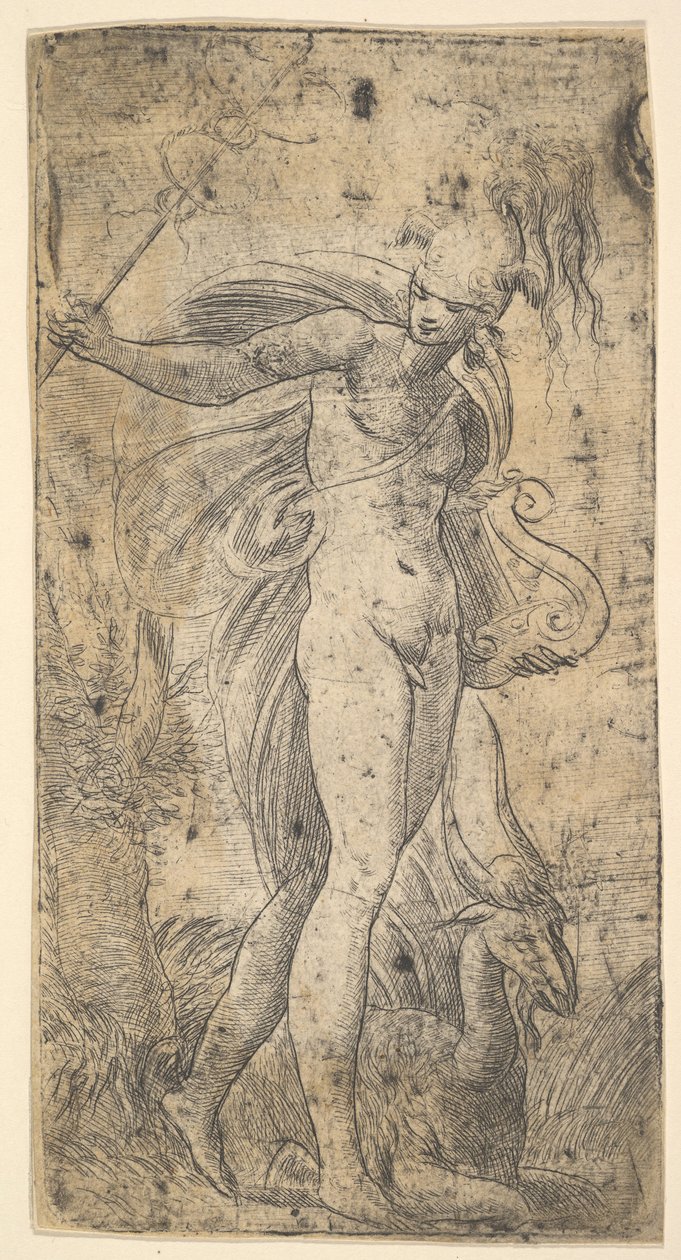 Mercury står og holder en kadekus i høyre hånd, en lyre i venstre, ca. 1536-40. av Andrea Schiavone