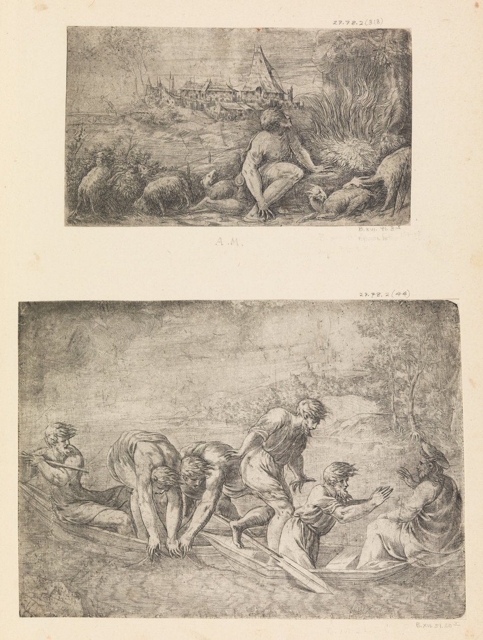 Moses og den brennende busken, det mirakuløse utkastet til fisk, ca. 1544-48. av Andrea Schiavone