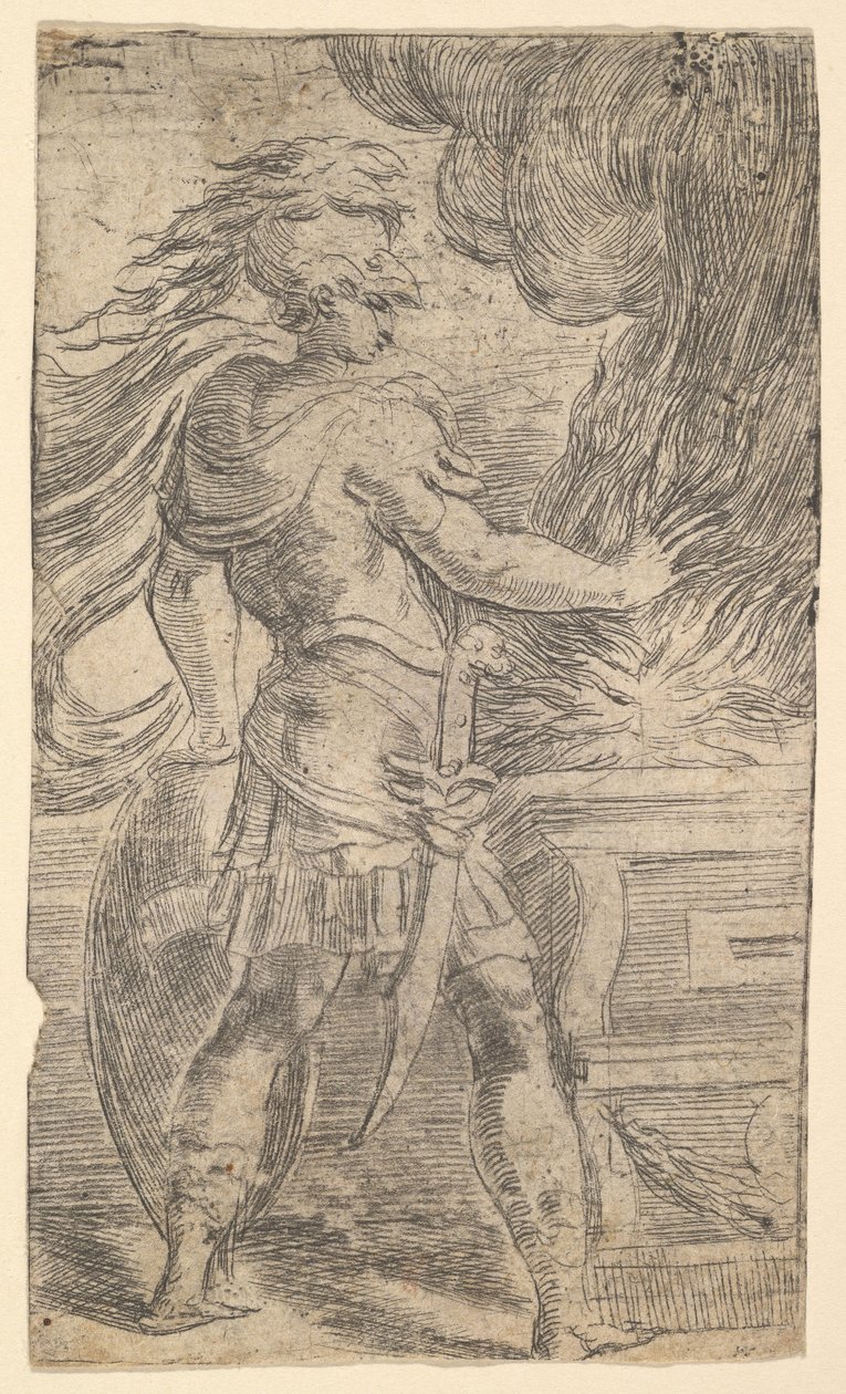 Mutius Scaevola plasserte hånden i flammene etterlot halvdelen av en komposisjon, hvis rett..., ca. 1540. av Andrea Schiavone