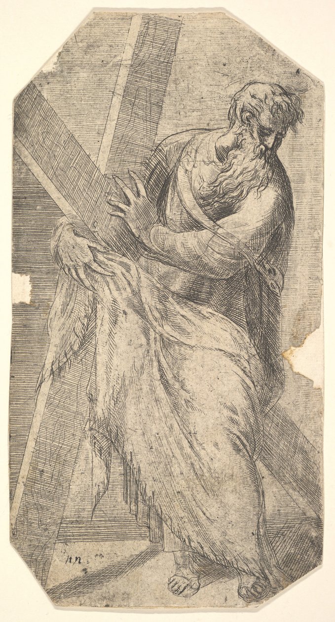 Saint Andrew holder et stort kors, fra 'Christ and the Apostles', ca. 1548-50. av Andrea Schiavone