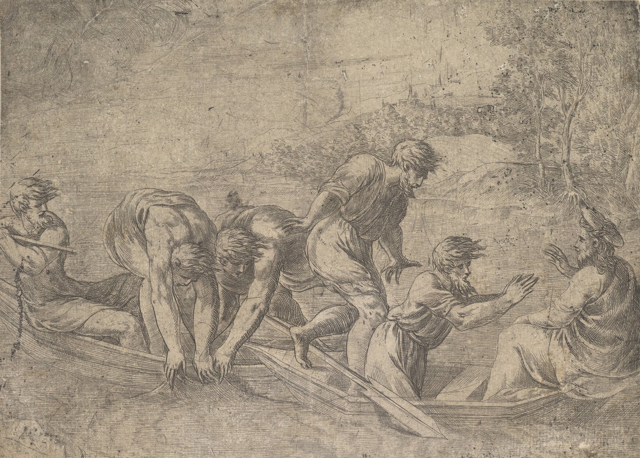 Det mirakuløse utkastet til fiskene, Kristus til høyre akkompagnert av apostler i..., ca.1548-52. av Andrea Schiavone