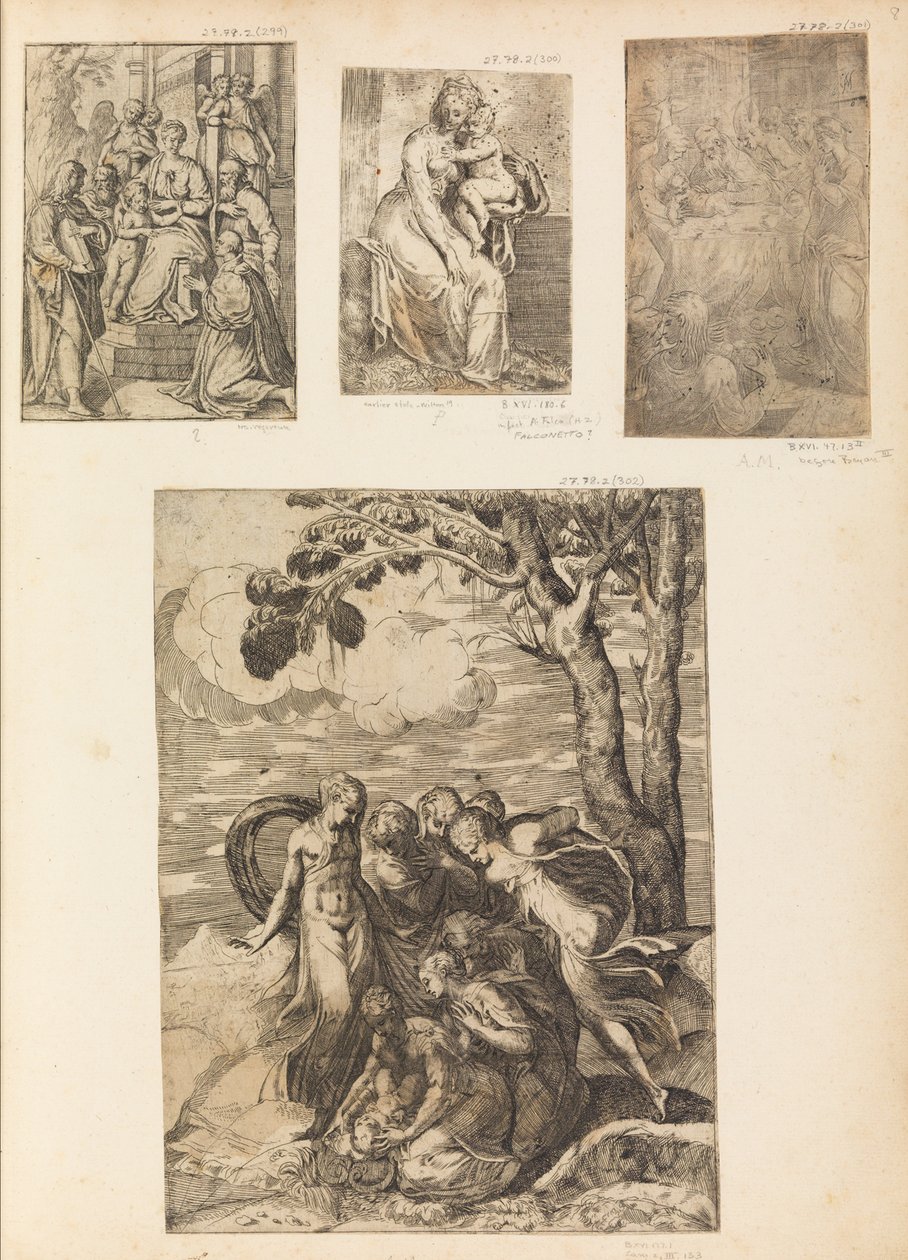 Jomfru og barn, omskjæringen, Moses reddet fra Nilen, ca. 1542-46. av Andrea Schiavone