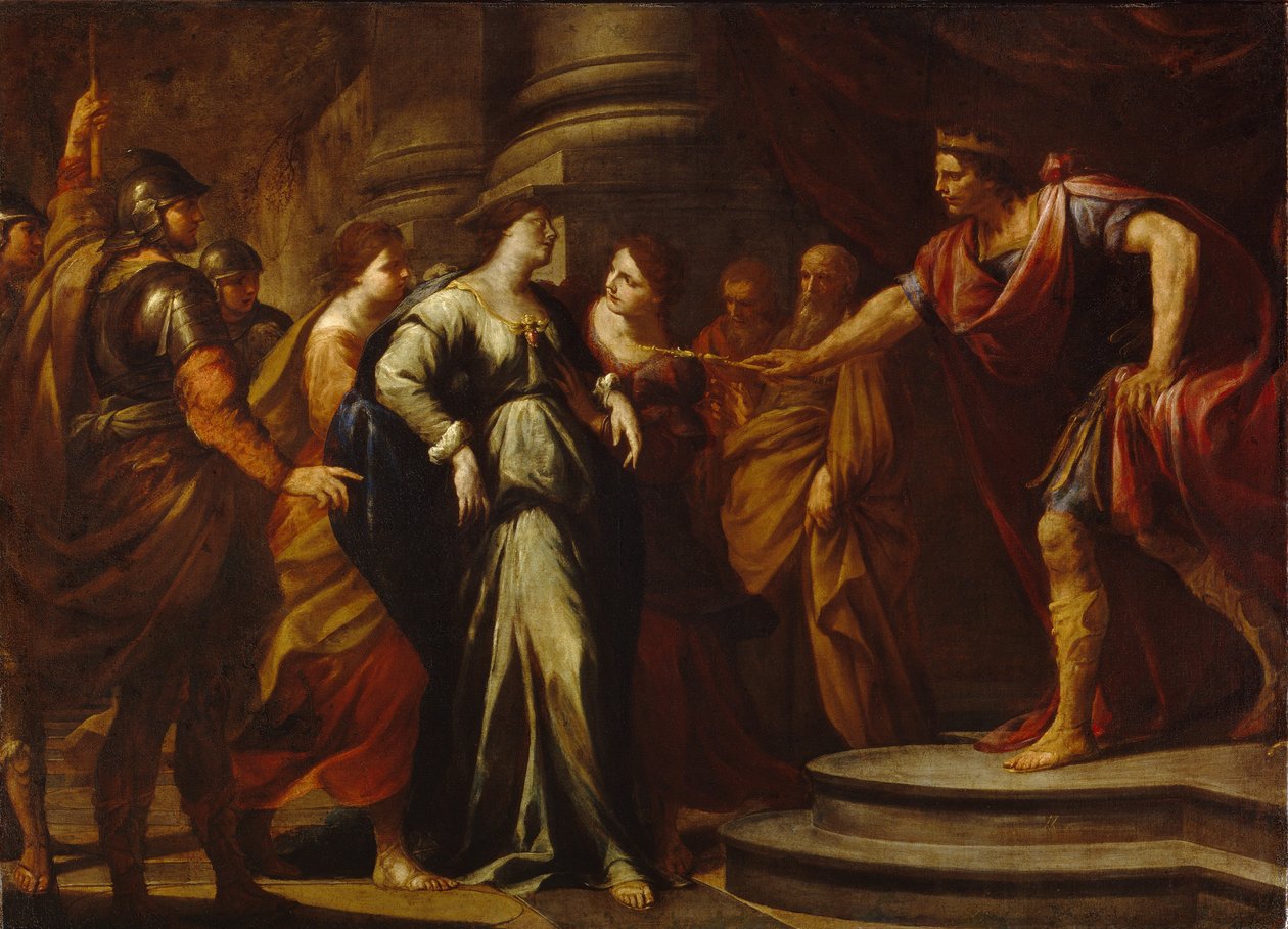 Ester (Hadassah bat Avilail) før Assuerus (identifisert med Xerxes I, kongen av Persia, 519-465 f.Kr.) (Ester før Ahasverus). Ester er valgt til hustru av den persiske kongen blant alle frierne. Maleri av Andrea Vacaro (1604-1670), olje på av Andrea Vaccaro