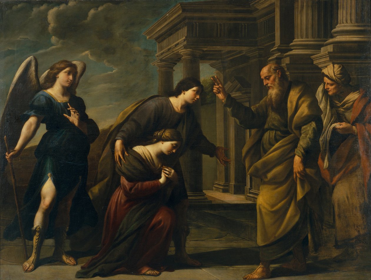 Raguels velsignelse av hennes datter Sarah før hun forlot Ecbatana med Tobias, ca. 1640 av Andrea Vaccaro