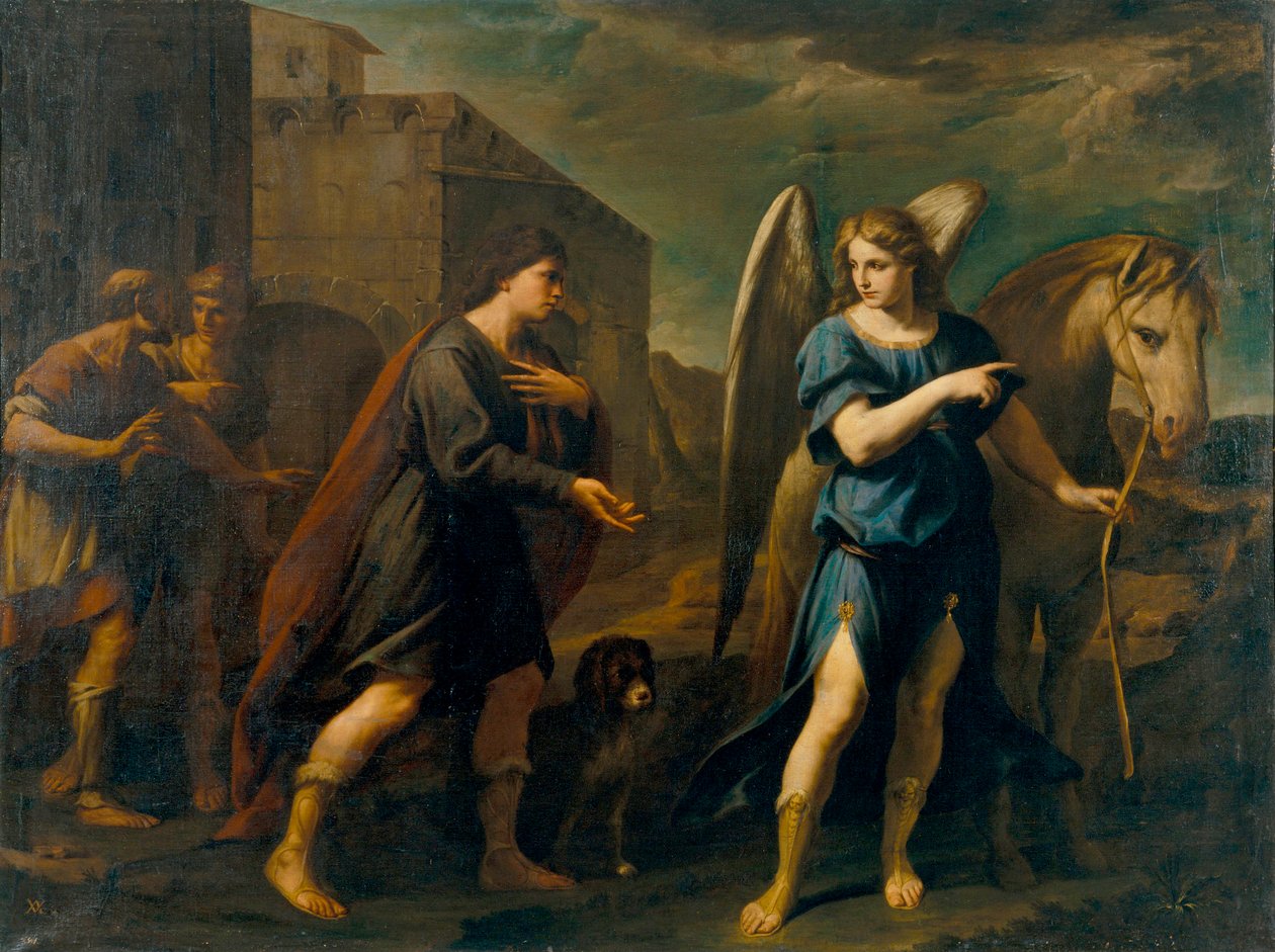 Tobias Meets the Archangel Raphael (Tobias Meets the Archangel Raphael) - Maleri av Andrea Vaccaro (1604-1670), olje på lerret (198,5x262 cm), ca. 1640, italiensk kunst fra 1600-tallet, barokkkunst - Museu Nacional d