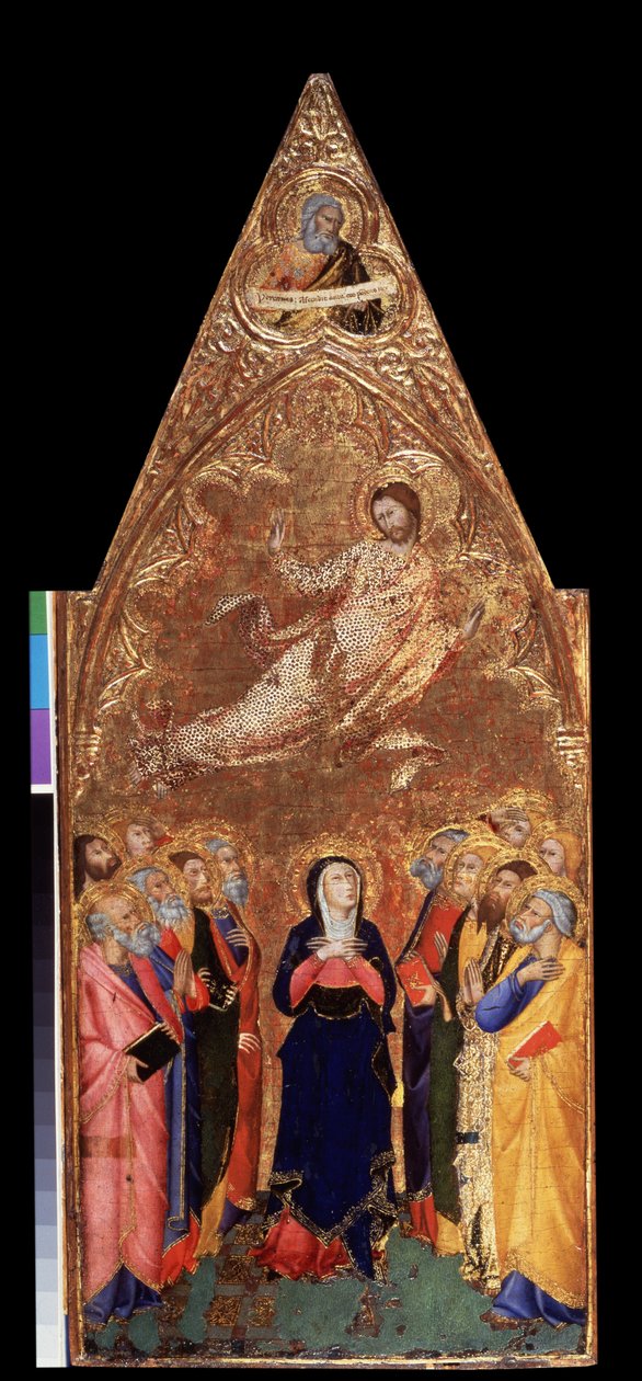 ""Kristi himmelfart"" Under, Jomfru Maria og apostlene observerer Jesus Kristus. Over, representasjon av profeten Jeremia. Tempera på tre av Andrea Vanni (1332-1414) 1355-1360 Dim. 68x28 cm Eremitagemuseet, St. Petersburg (Saint-Petersbo av Andrea Vanni