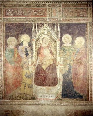 Jomfru og barn med SS. Døperen Johannes, Nicolas og Elijah (fresko) av Andrea da Firenze (fl.1388 1459)