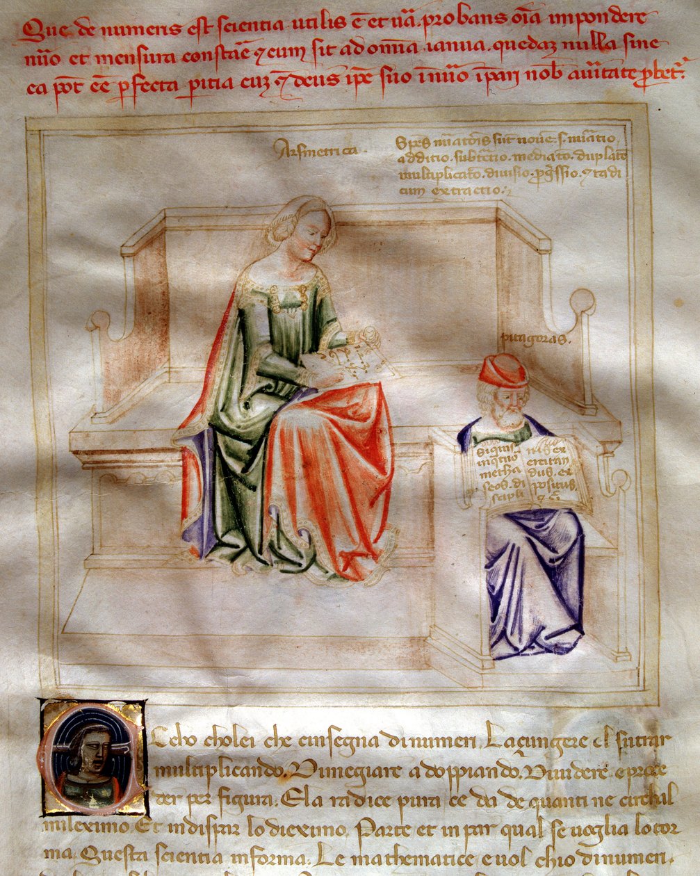 Allegorier av Arithmetique i "" Chansonne des sept Vertus et des sept Arts liberales bestemt til Bruzio Visconti "(The Song of Virtues and Sciences) av Bartolomeo di Bartoli. Akvarell av Andrea di Bartoli (aktiv mellom 1358 og 1368) (ms. 599, av Andrea de Bartoli