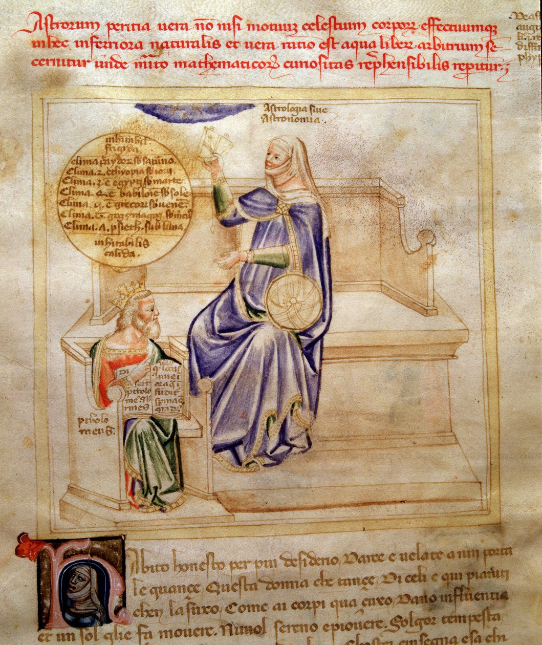 Allegorier av astrologi eller astronomi i "" Song of the Seven Vertus and the Seven Liberal Arts bestemt for Bruzio Visconti "(The Song of Virtues and Sciences) av Bartolomeo di Bartoli. Akvarell av Andrea di Bartoli (aktiv mellom 1358 og av Andrea de Bartoli
