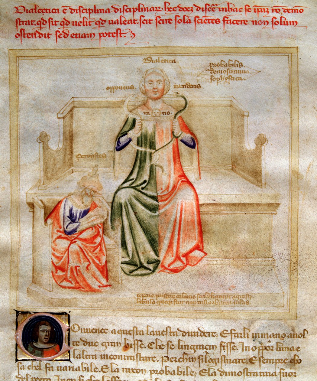 Allegorier av dialektikken i "" Chansonne des sept Vertus et des sept Arts liberales bestemt til Bruzio Visconti "(Sangen om dyder og vitenskaper) av Bartolomeo di Bartoli. Akvarell av Andrea di Bartoli (aktiv mellom 1358 og 1368) (ms. 599, fo av Andrea de Bartoli