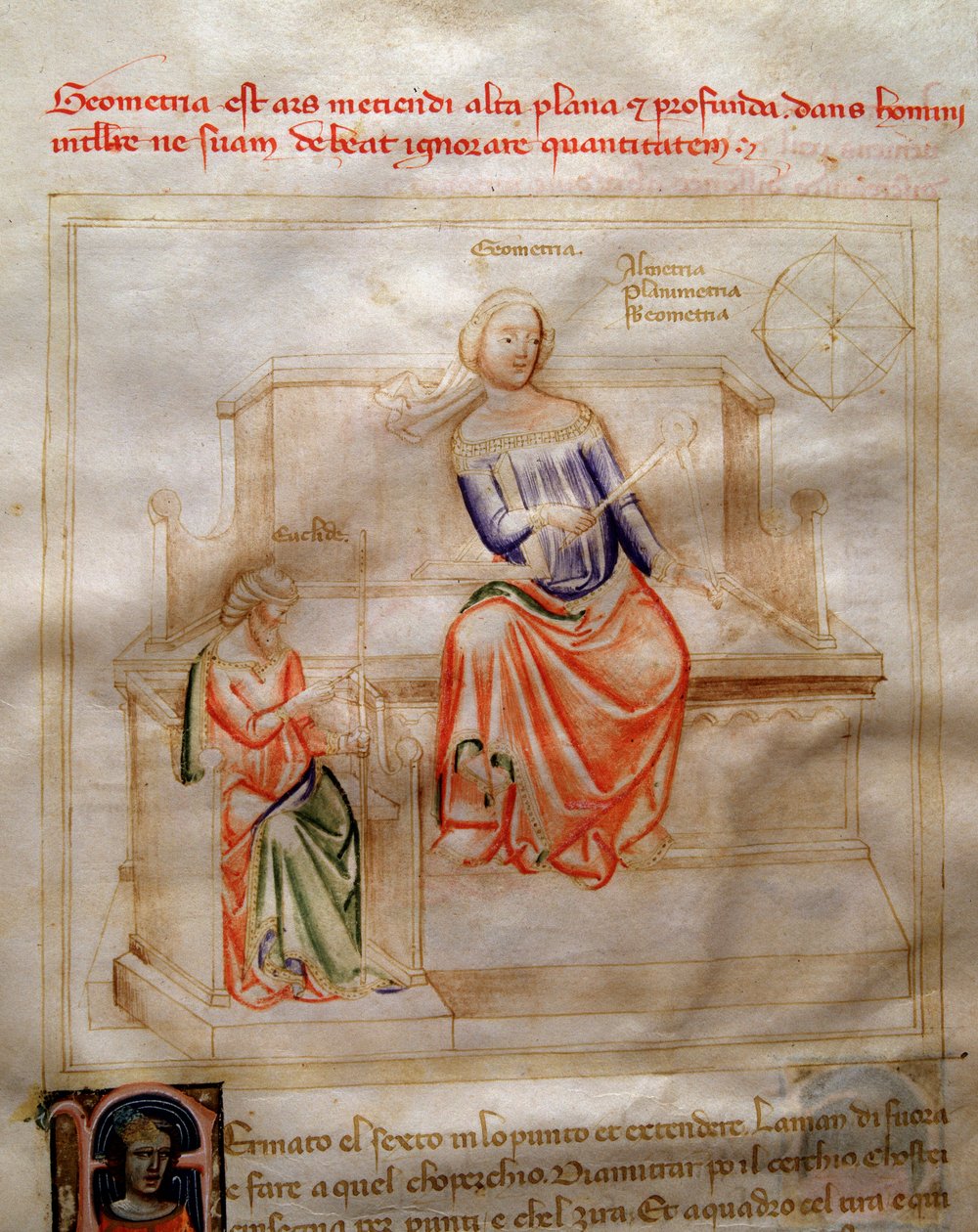 Allegorier of Geometries i "" Chansonne des sept Vertus et des sept Arts liberales bestemt til Bruzio Visconti "(The Song of Virtues and Sciences) av Bartolomeo di Bartoli. Akvarell av Andrea di Bartoli (aktiv mellom 1358 og 1368) (ms. 599, fo av Andrea de Bartoli