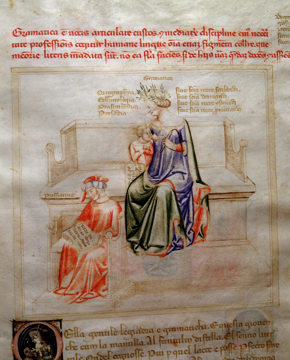 Allegorier av Grammaire i "" Chansonne des sept Vertus et des sept Arts liberales bestemt til Bruzio Visconti "(The Song of Virtues and Sciences) av Bartolomeo di Bartoli. Akvarell av Andrea di Bartoli (aktiv mellom 1358 og 1368) (ms. 599, fo av Andrea de Bartoli