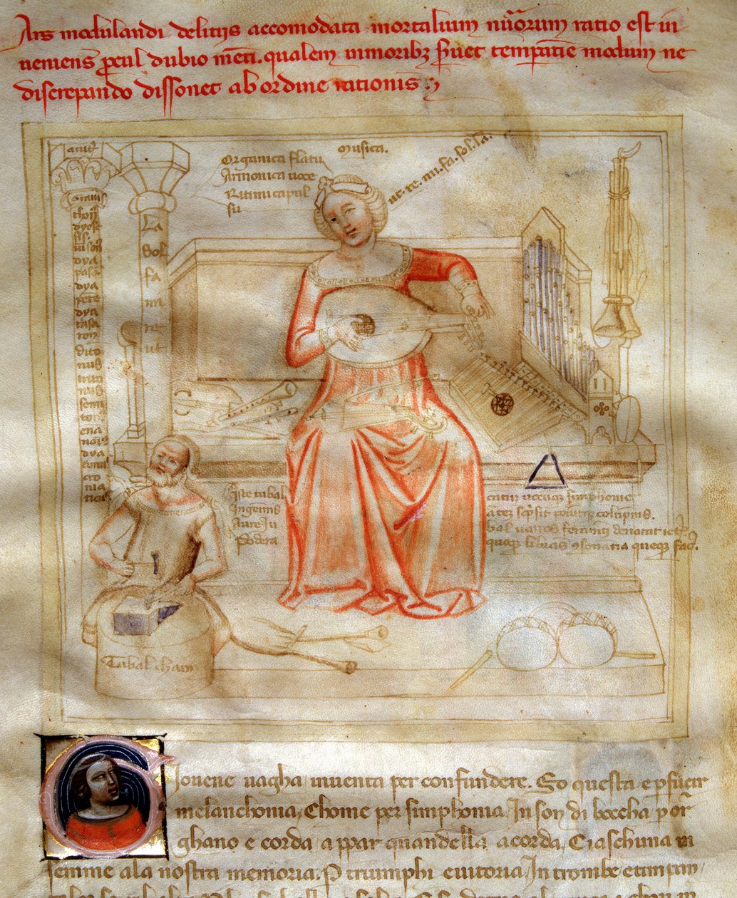 Allegorier av musikken i "" Chansonne des sept Vertus et des sept Arts liberales destinee à Bruzio Visconti "(The Song of Virtues and Sciences) av Bartolomeo di Bartoli. Akvarell av Andrea di Bartoli (aktiv mellom 1358 og 1368) (ms. 599, fol. av Andrea de Bartoli