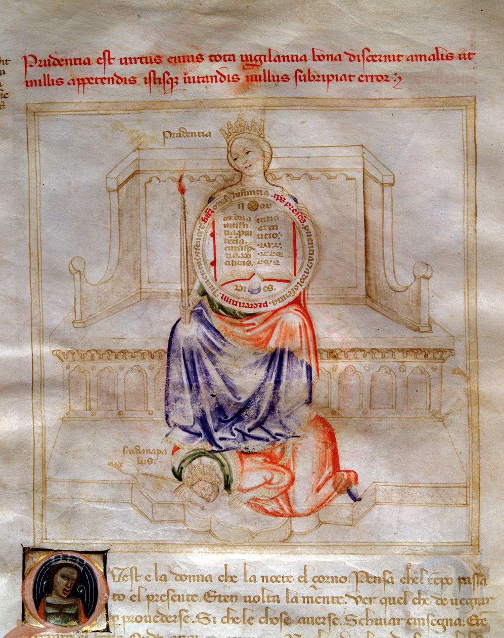 Allegorier of Prudence i "" Chansonne des sept Vertus et des sept Arts liberales bestemt til Bruzio Visconti "(The Song of Virtues and Sciences) av Bartolomeo di Bartoli. Akvarell av Andrea di Bartoli (aktiv mellom 1358 og 1368) (ms. 599, fol. av Andrea de Bartoli