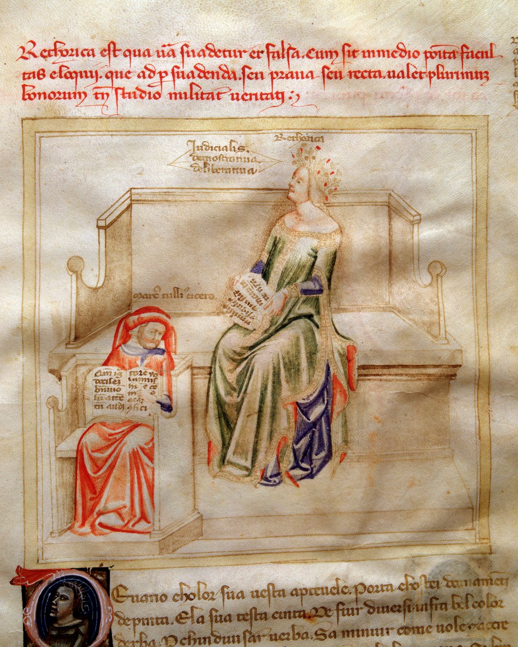 Allegorier av retorikken i "" Chansonne des sept Vertus et des sept Arts liberales bestemt til Bruzio Visconti "(The Song of Virtues and Sciences) av Bartolomeo di Bartoli. Akvarell av Andrea di Bartoli (aktiv mellom 1358 og 1368) (ms. 599, f av Andrea de Bartoli