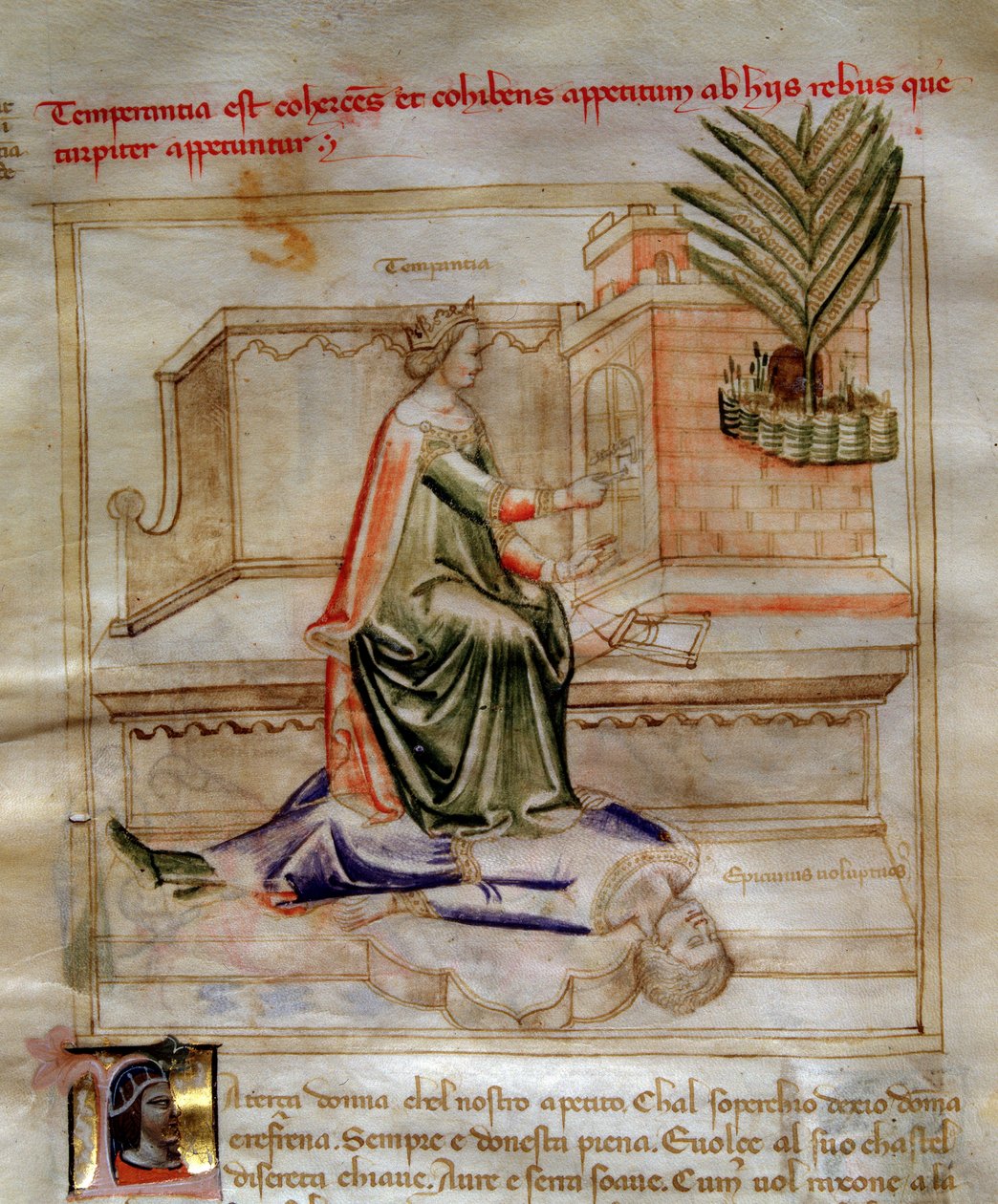 Allegorier of Temperance i "" Chansonne des sept virtues et des sept arts liberoux destinee a Bruzio Visconti "(The Song of Virtues and Sciences) av Bartolomeo di Bartoli. Akvarell av Andrea di Bartoli (aktiv mellom 1358 og 1368) (ms. 599, f av Andrea de Bartoli